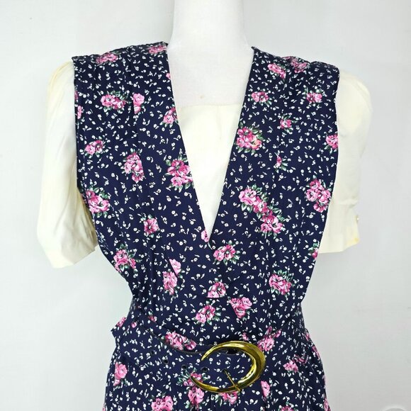 VTG 80S Navy Pink Polka Dot Puff Sleeve Tradwife Maxi Secretary Maxi Dress - Picture 2 of 13